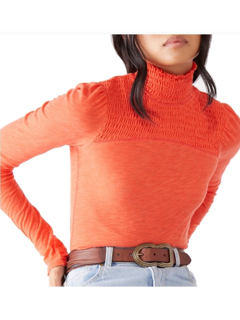 We The Free Caroline Orange Smocked Mock Neck Long Sleeve Free People Tee